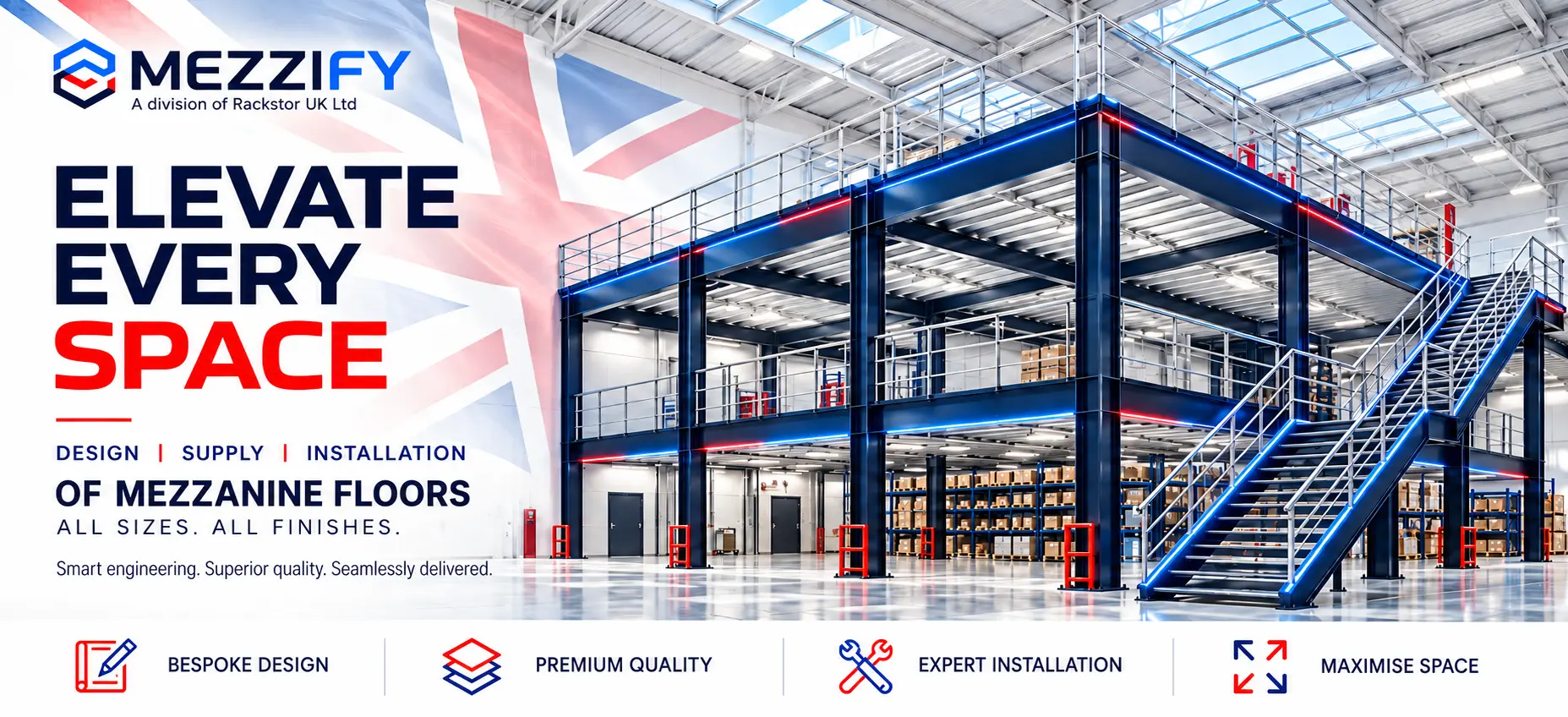 Mezzify bespoke mezzanine floor installation in a bright UK warehouse