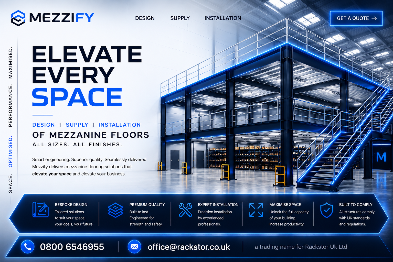 Mezzanine floor installation by Mezzify with blue LED accents in a UK warehouse